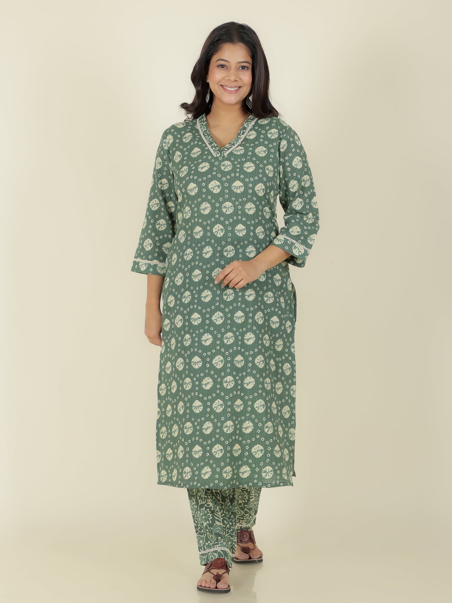 Kantha Cotton Bandhani Straight Green Kurta