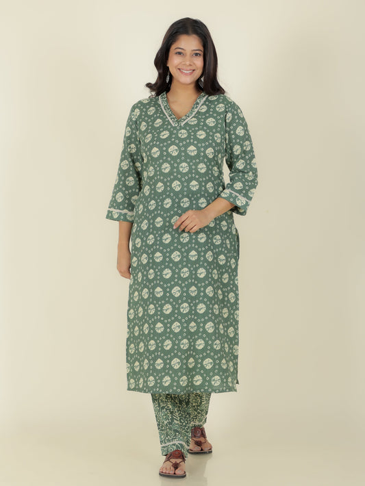 Kantha Cotton Bandhani Straight Green Kurta