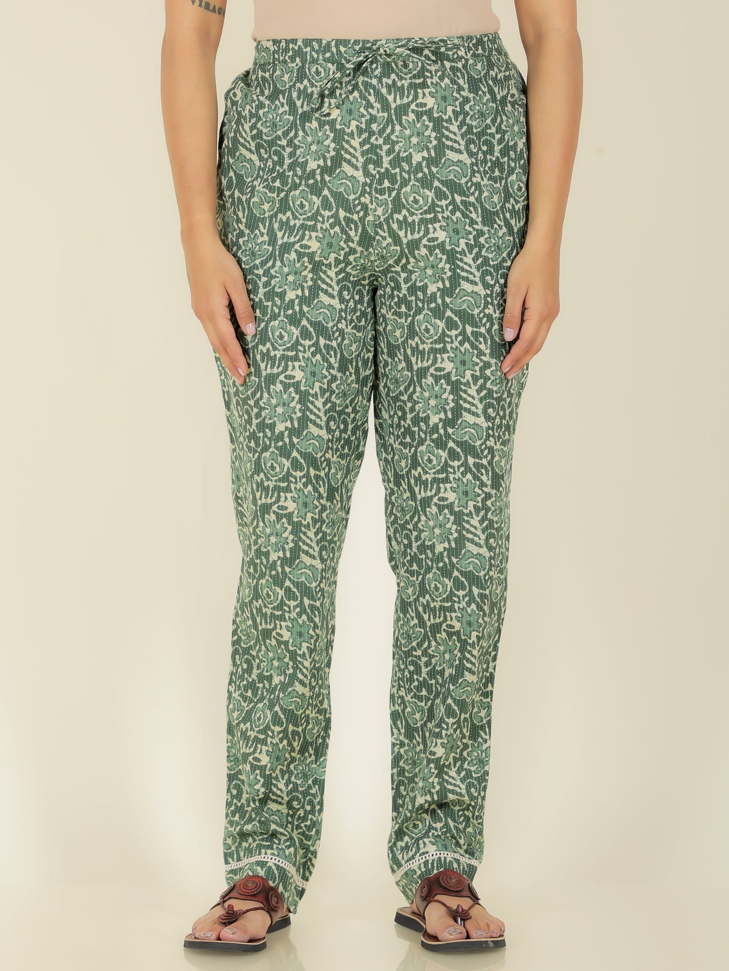 Kantha Cotton Bandhani Straight Green Kurta