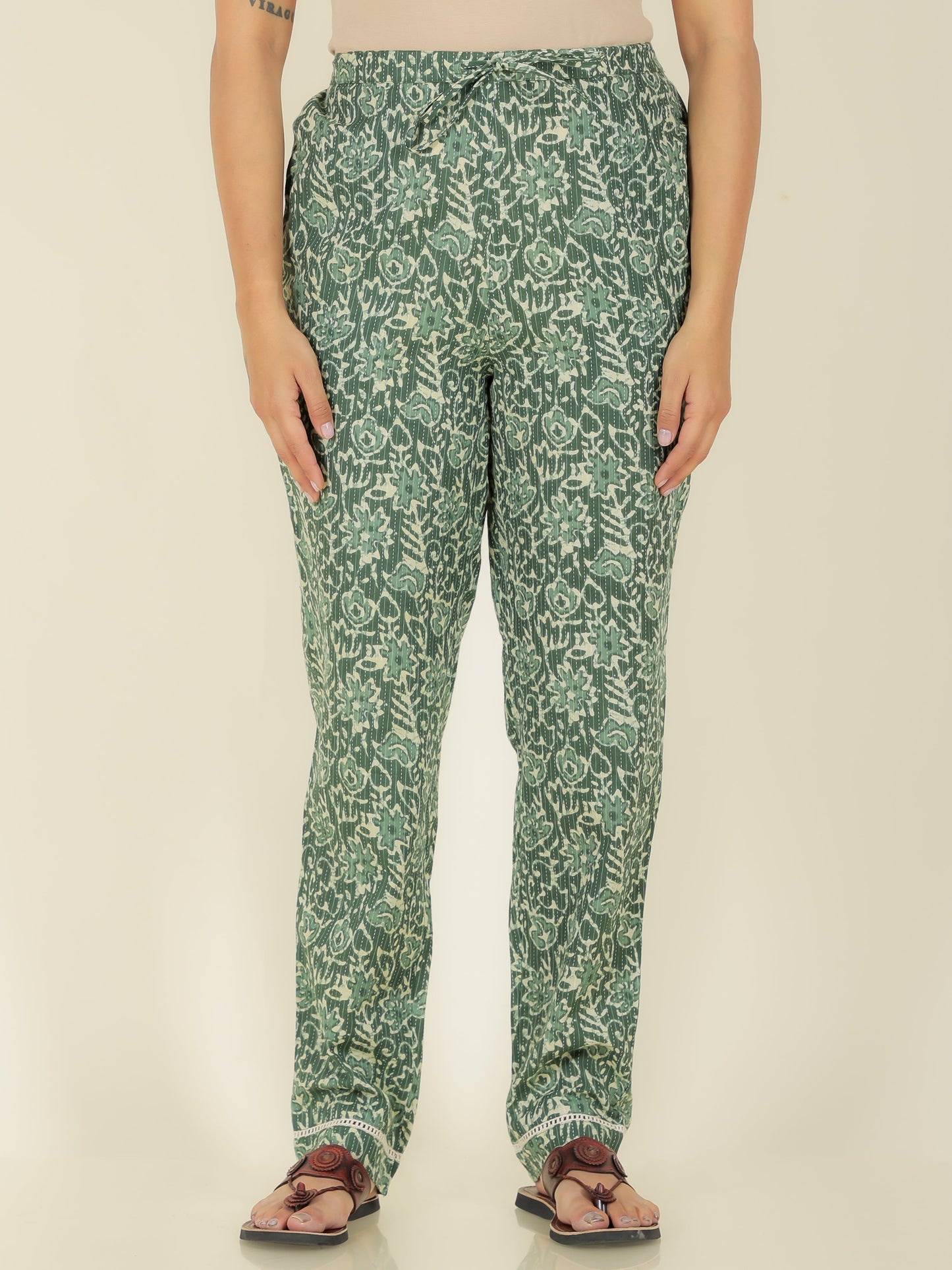 Kantha Cotton Bandhani Straight Green Kurta