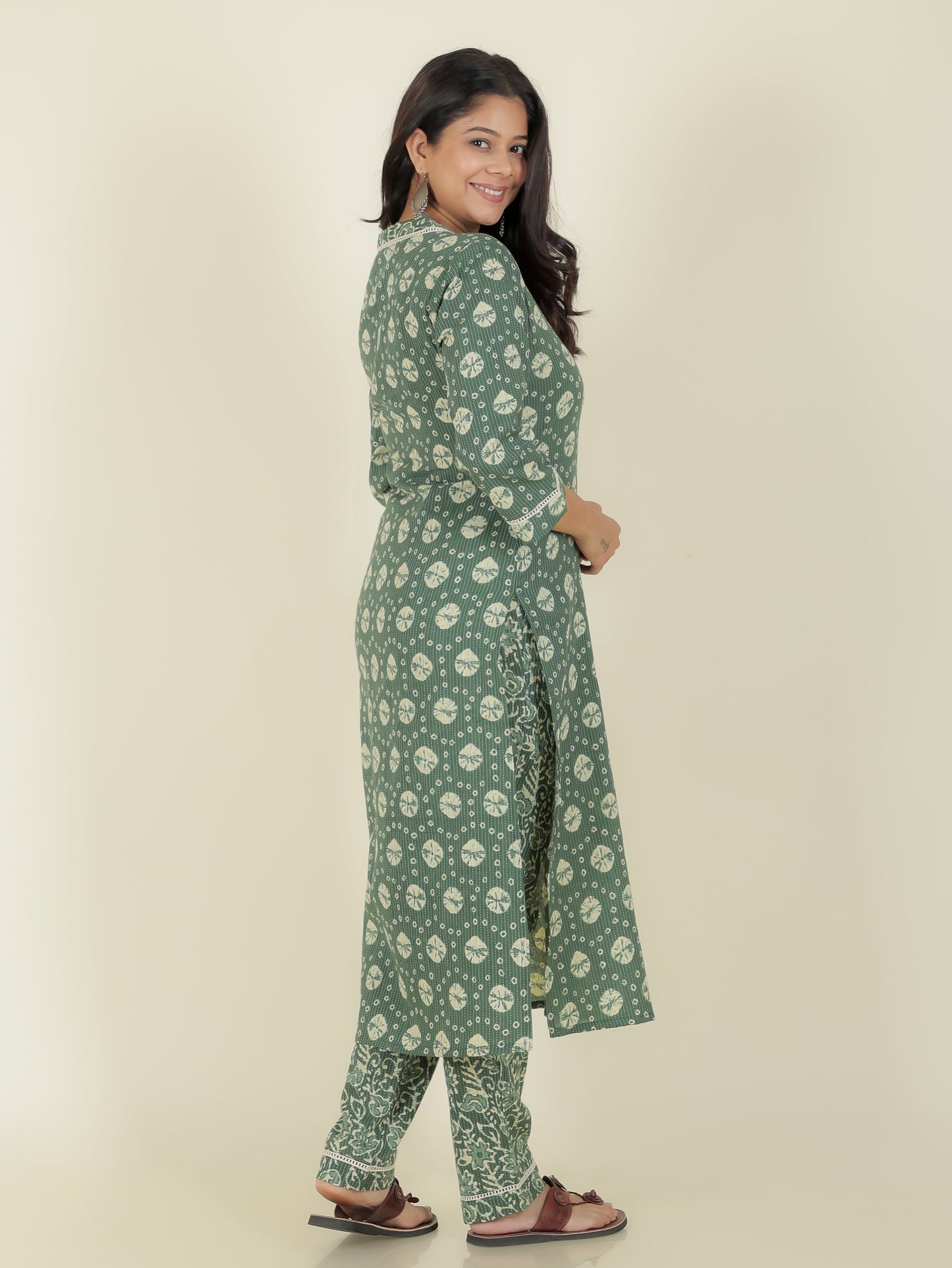 Kantha Cotton Bandhani Straight Green Kurta