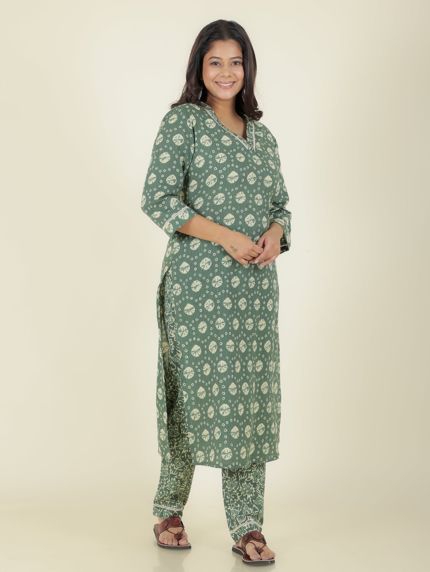 Kantha Cotton Bandhani Straight Green Kurta
