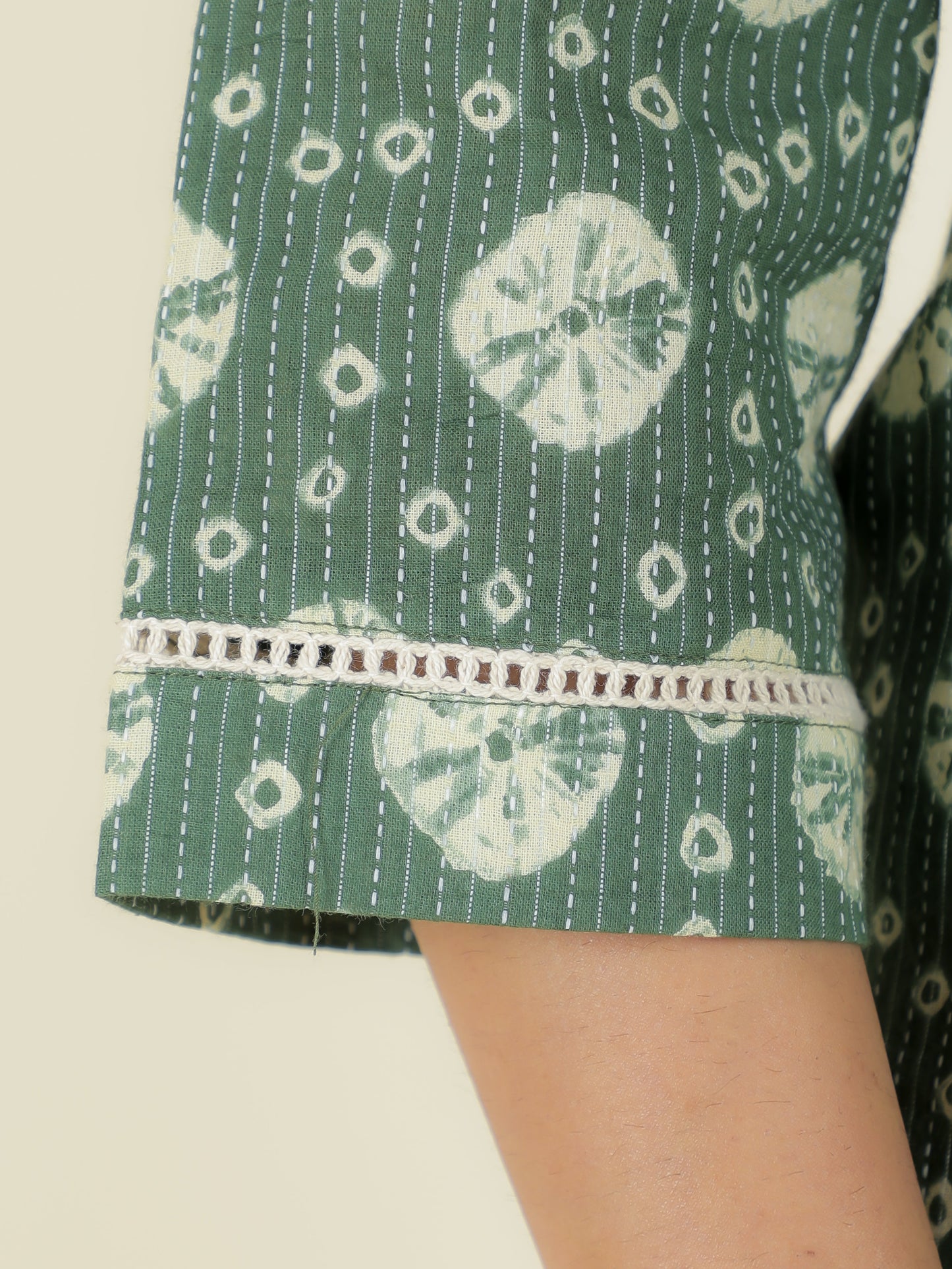 Kantha Cotton Bandhani Straight Green Kurta