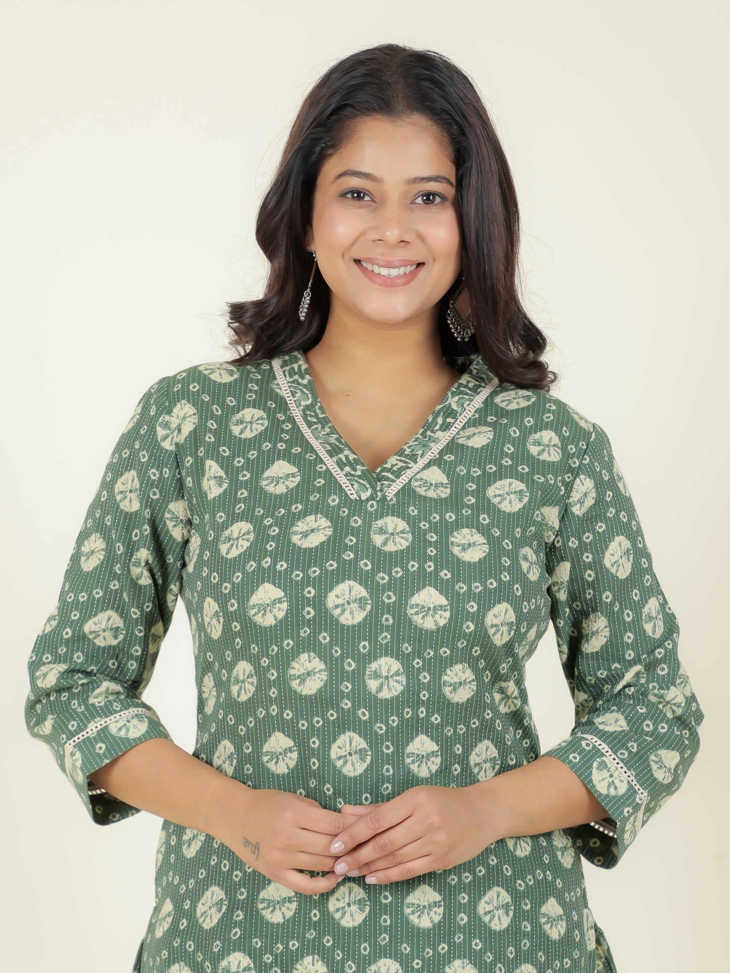 Kantha Cotton Bandhani Straight Green Kurta