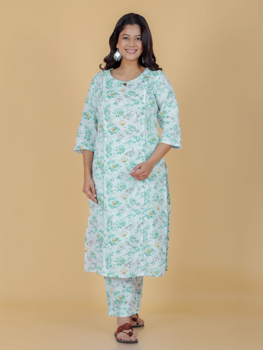 Lurex Cotton Floral Panelled Green Kurta