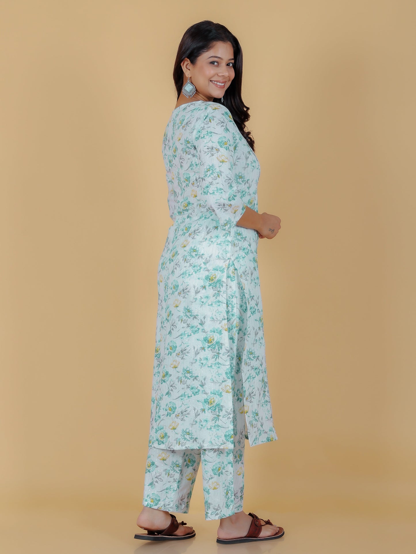 Lurex Cotton Floral Panelled Green Kurta