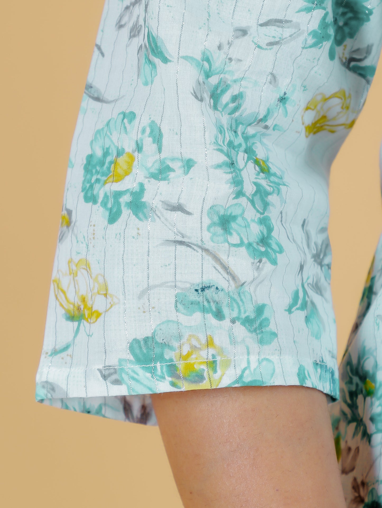 Lurex Cotton Floral Panelled Green Kurta