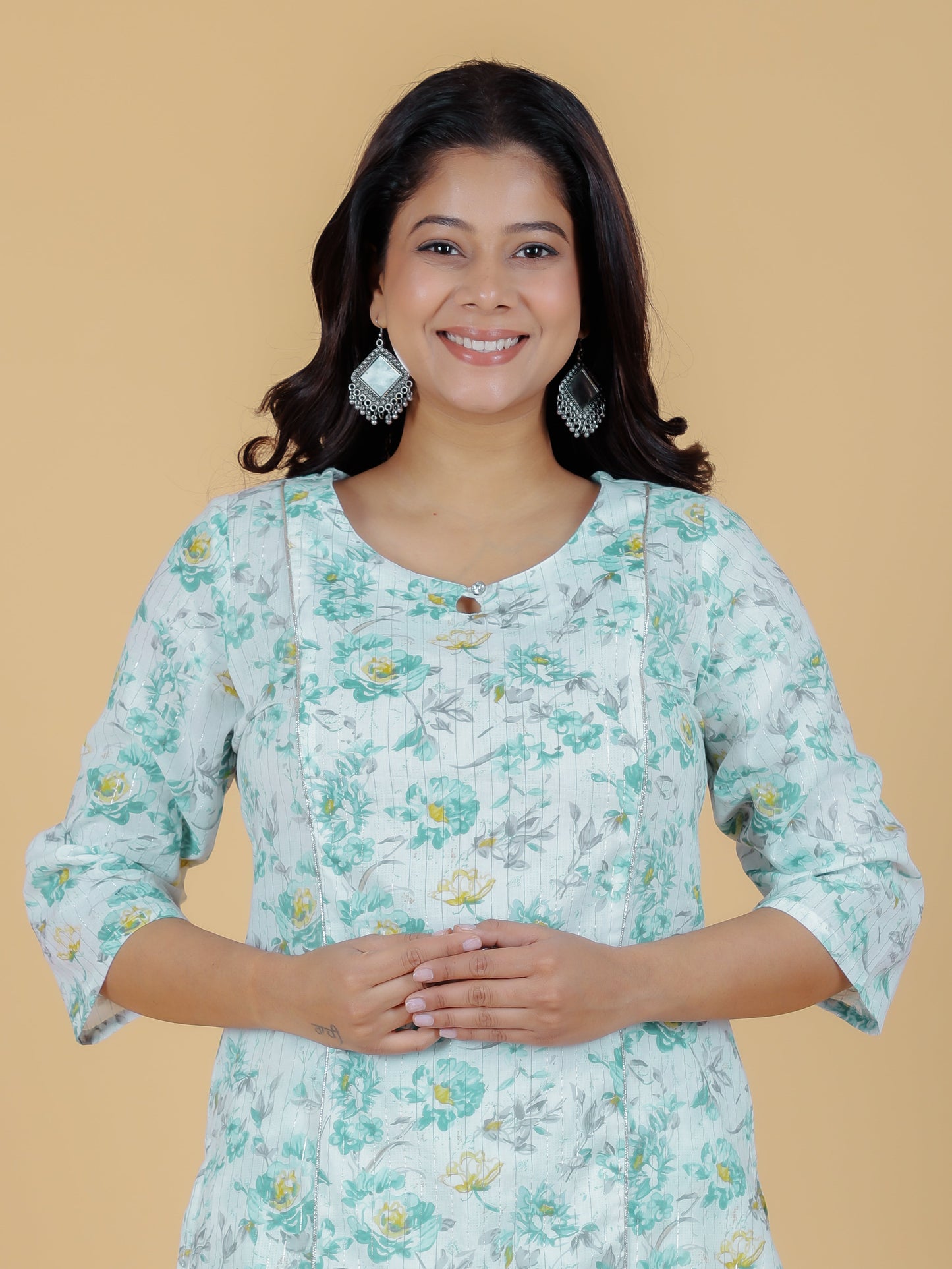 Lurex Cotton Floral Panelled Green Kurta