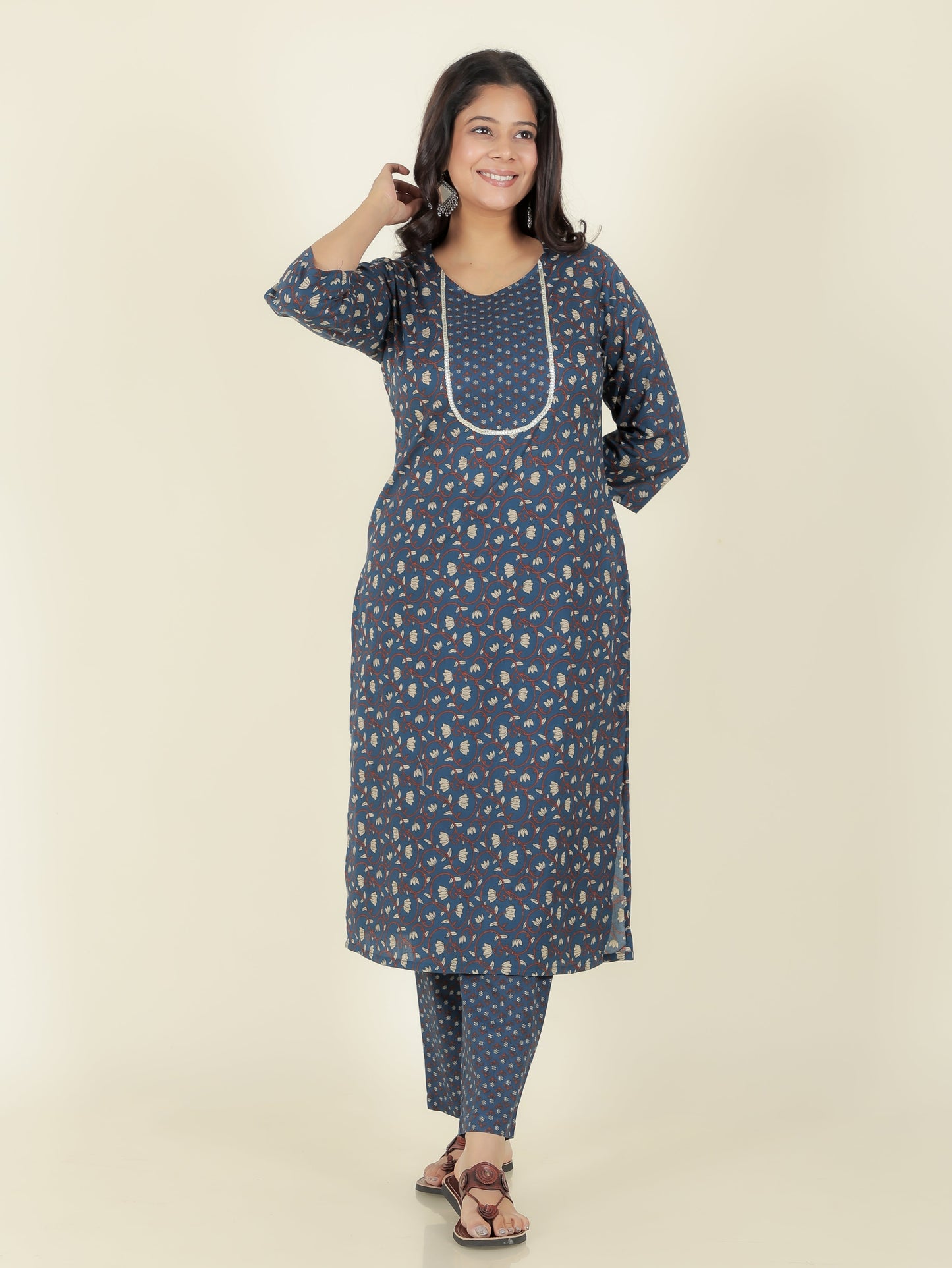 Soft Cotton Floral Straight Blue Kurta