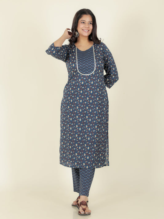 Soft Cotton Floral Straight Blue Kurta