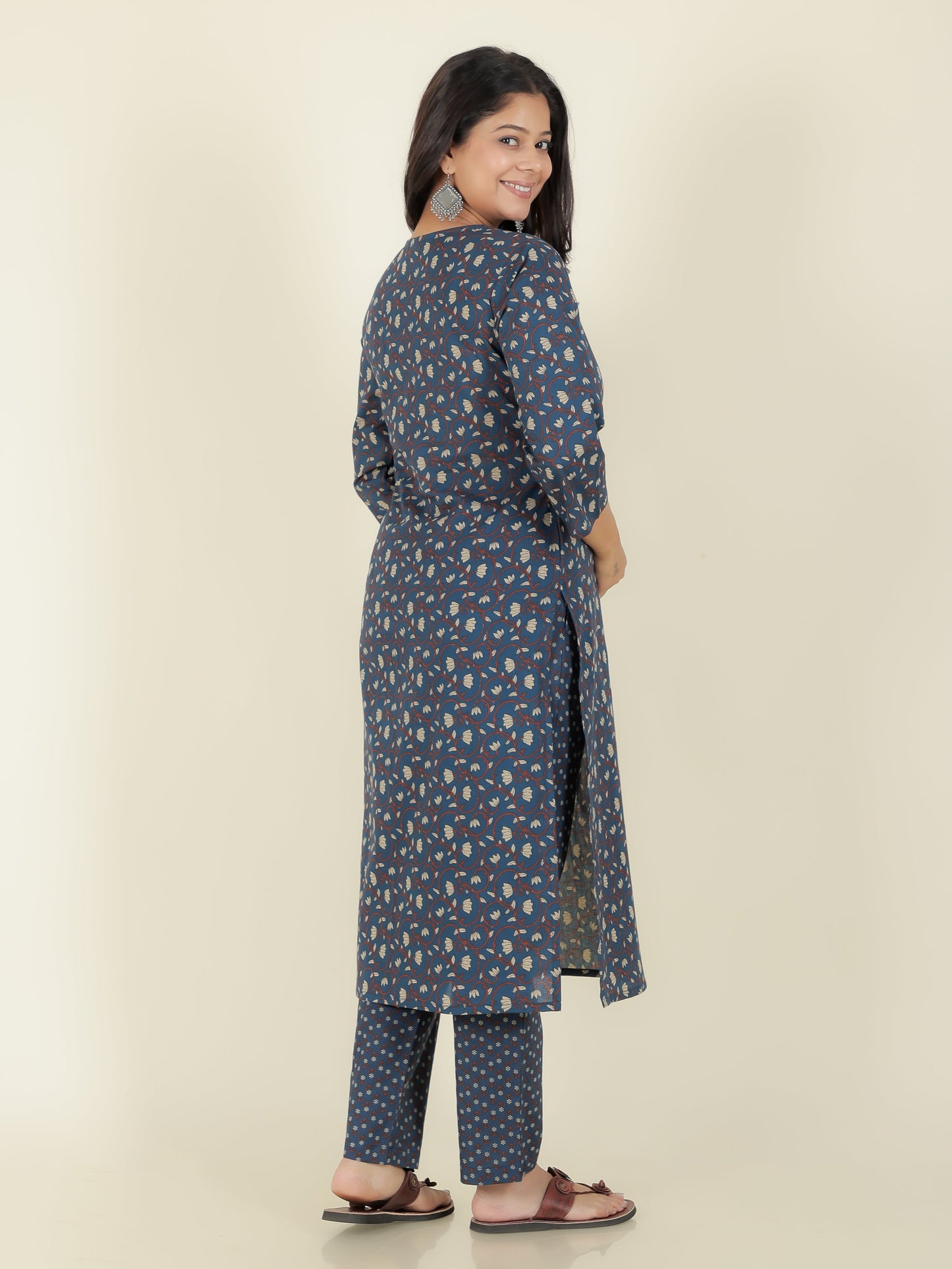 Soft Cotton Floral Straight Blue Kurta