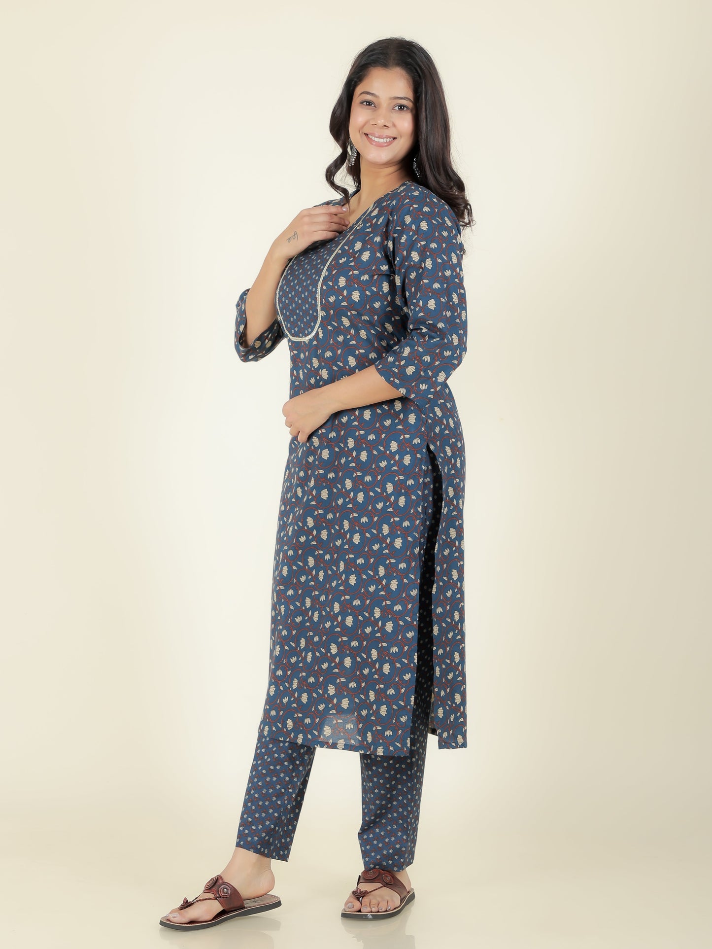 Soft Cotton Floral Straight Blue Kurta