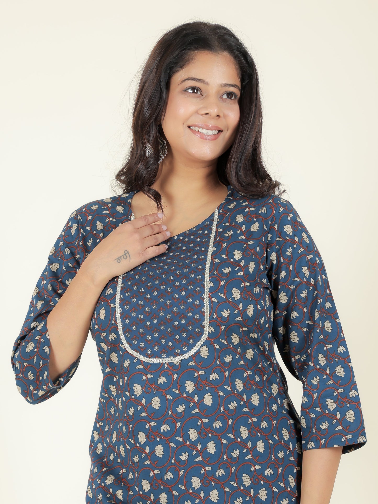 Soft Cotton Floral Straight Blue Kurta