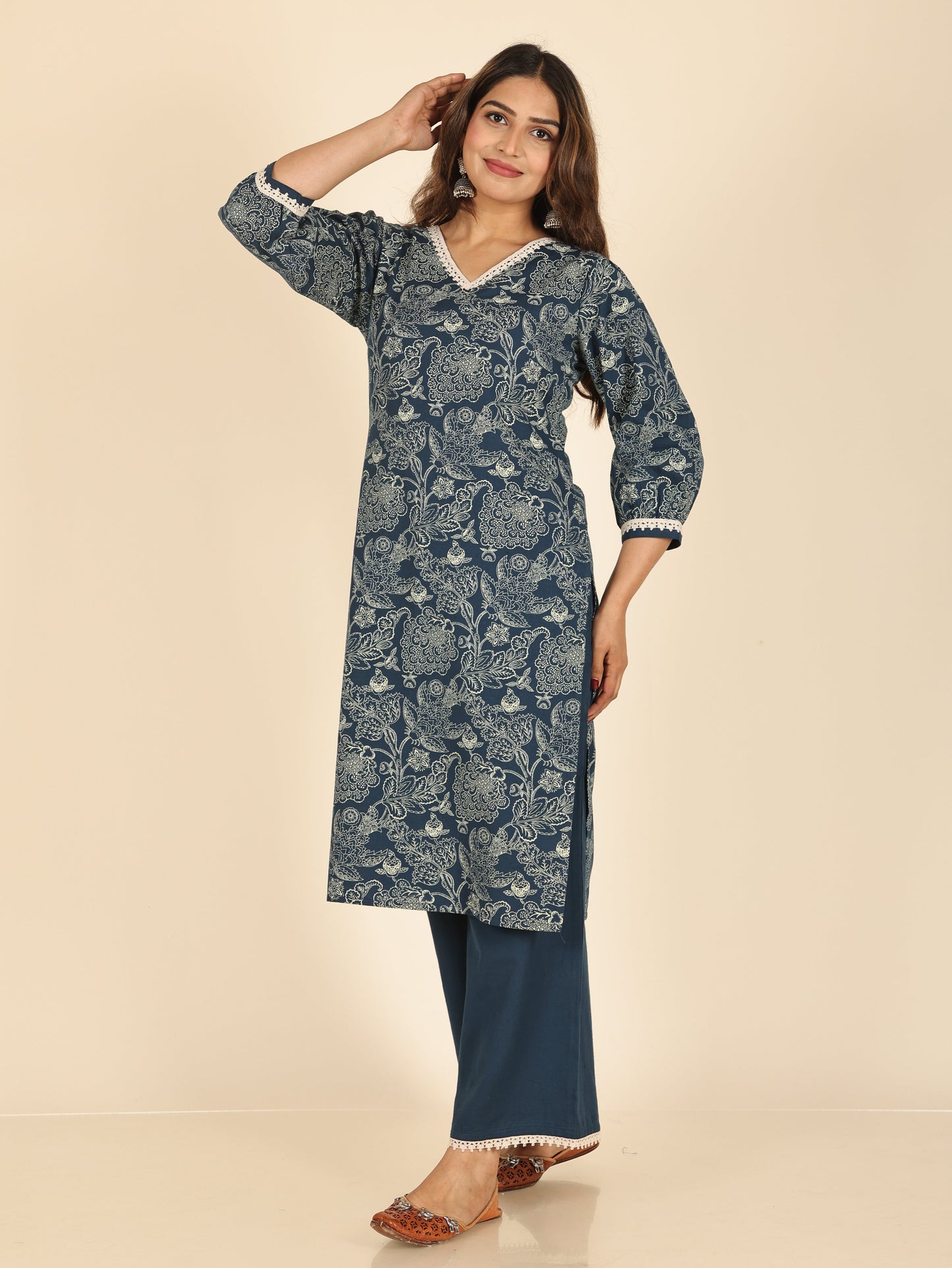 Linen Cotton Floral Straight Blue Kurta