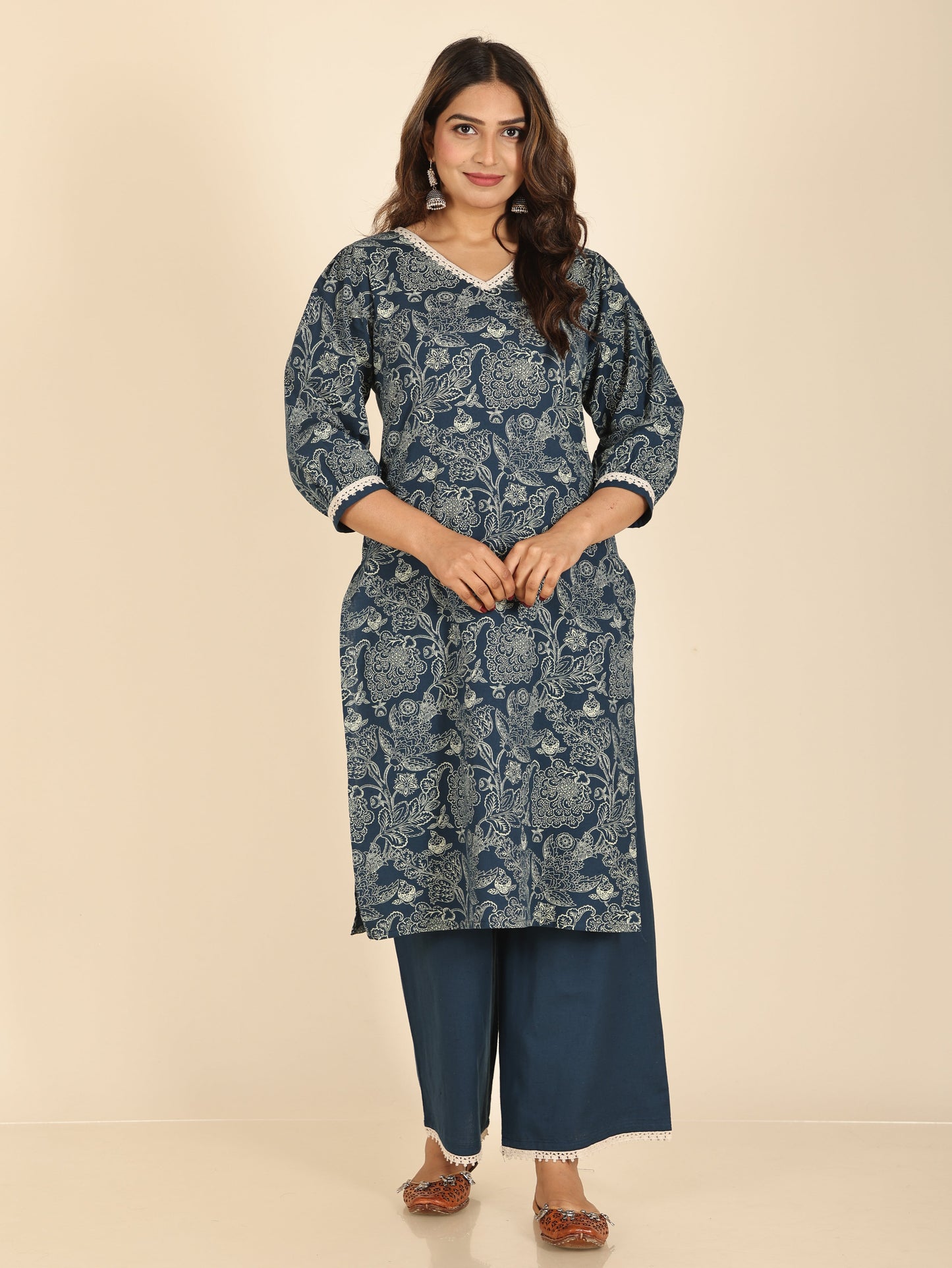 Linen Cotton Floral Straight Blue Kurta