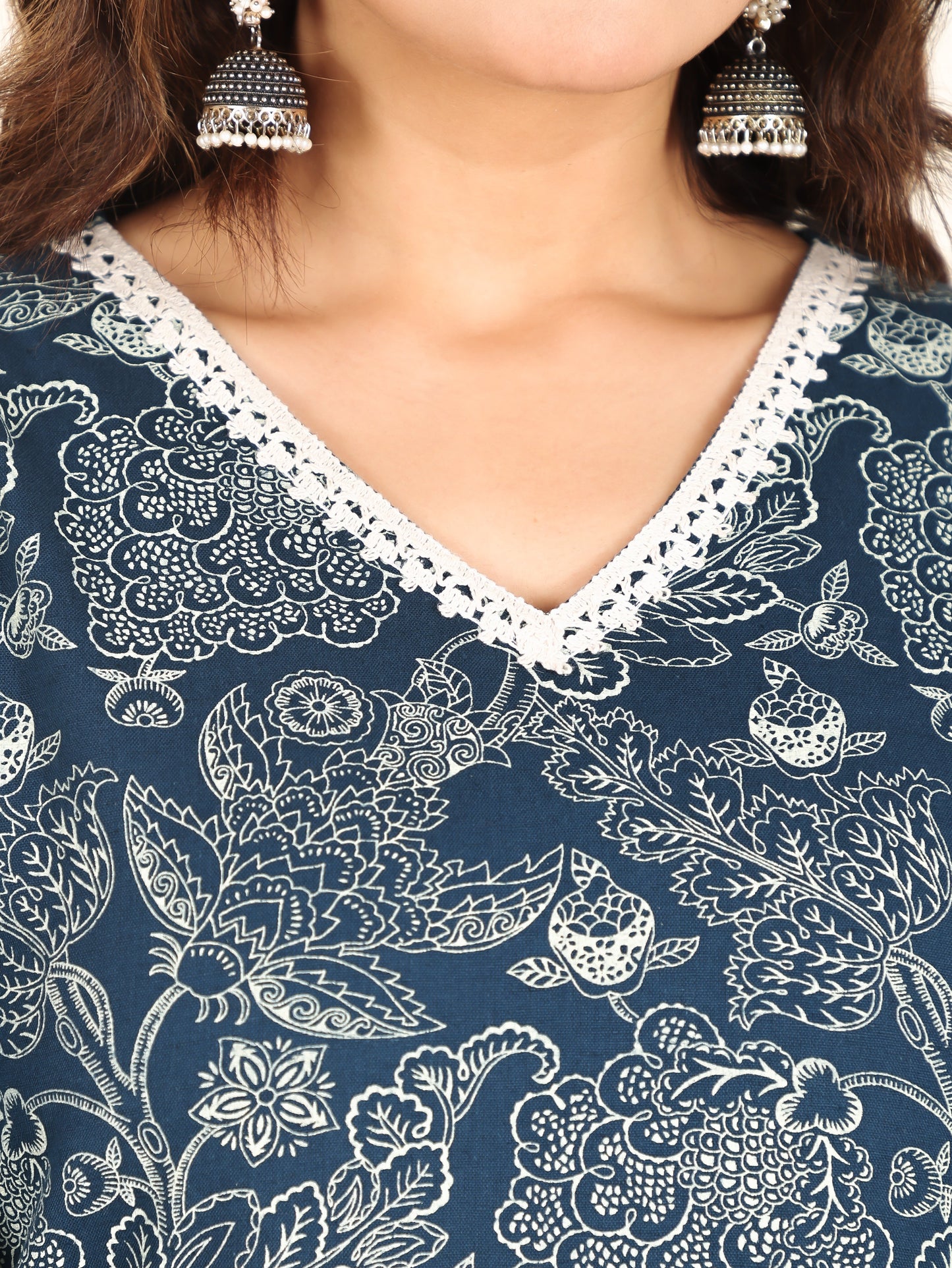 Linen Cotton Floral Straight Blue Kurta