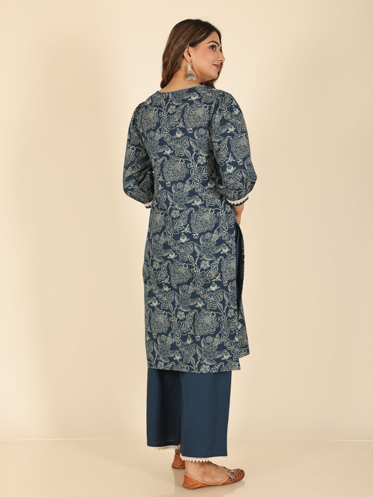 Linen Cotton Floral Straight Blue Kurta