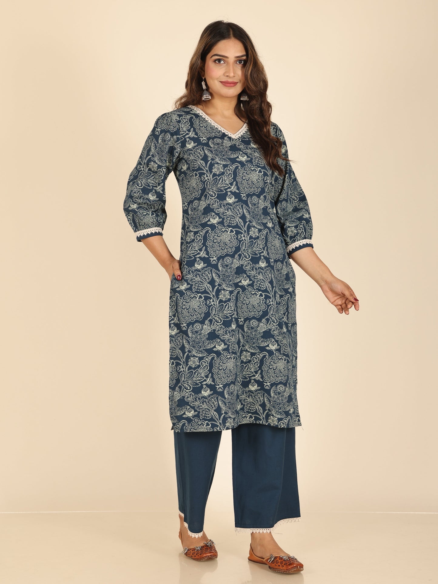 Linen Cotton Floral Straight Blue Kurta