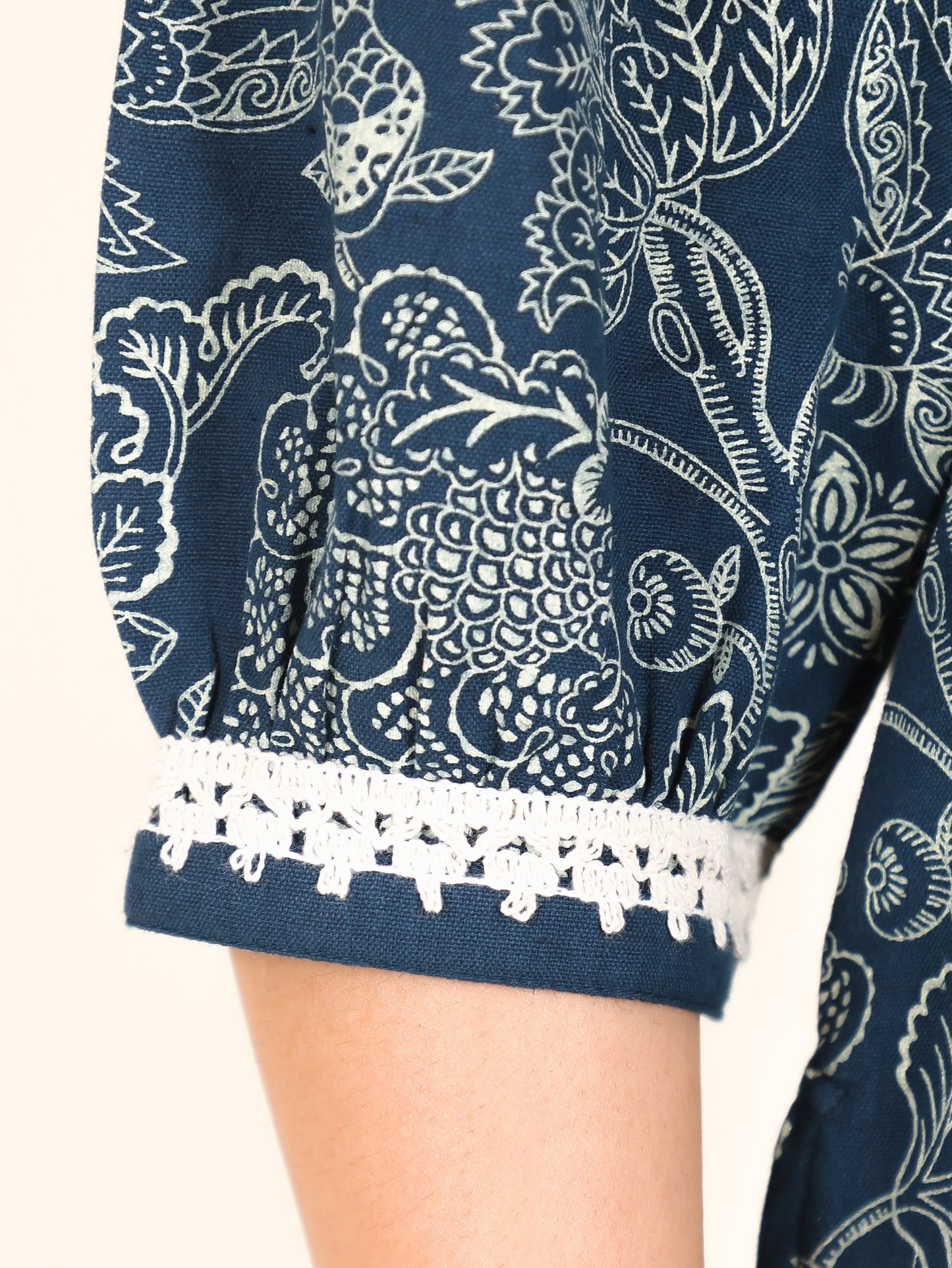 Linen Cotton Floral Straight Blue Kurta