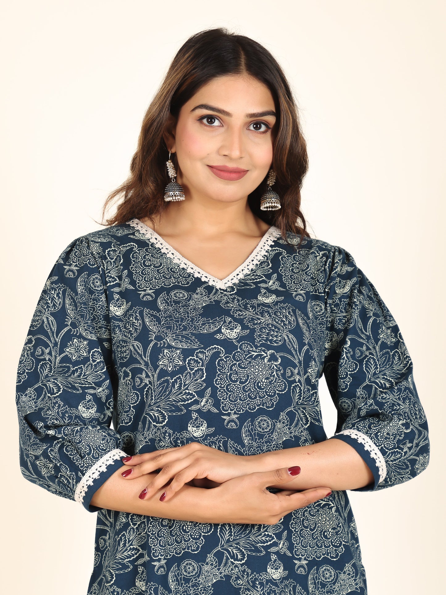 Linen Cotton Floral Straight Blue Kurta