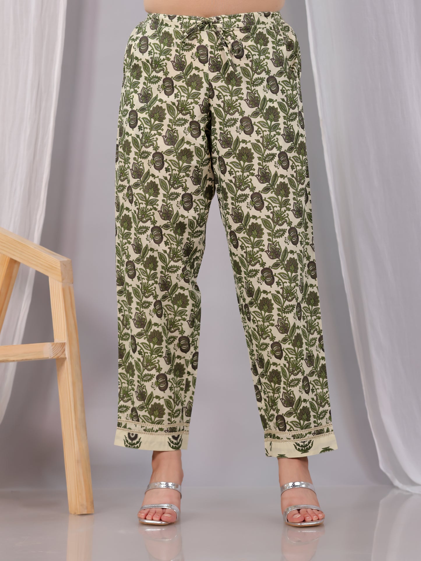 Embroidered Soft Cotton Floral Cream Tapered Trousers