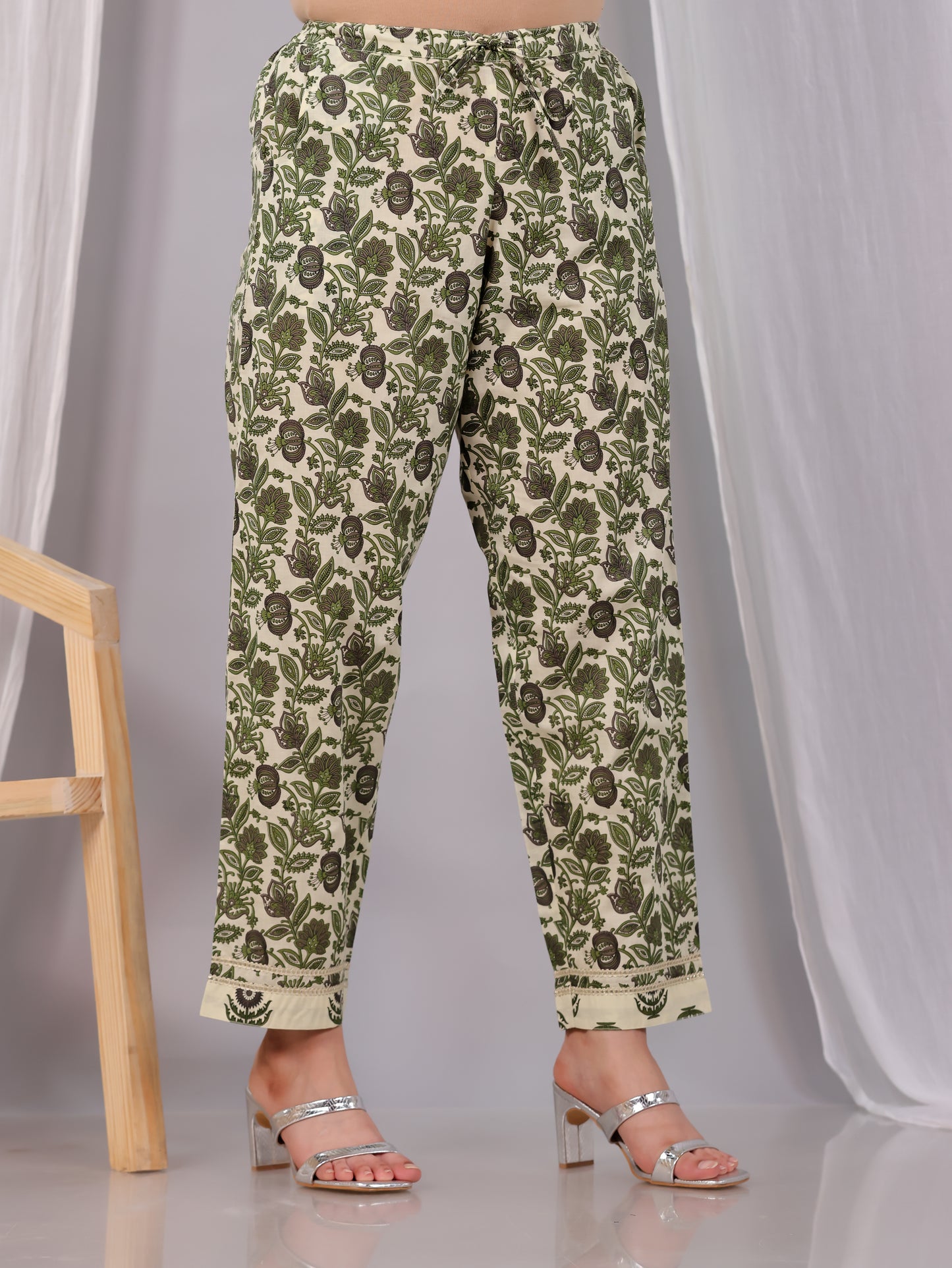 Embroidered Soft Cotton Floral Cream Tapered Trousers