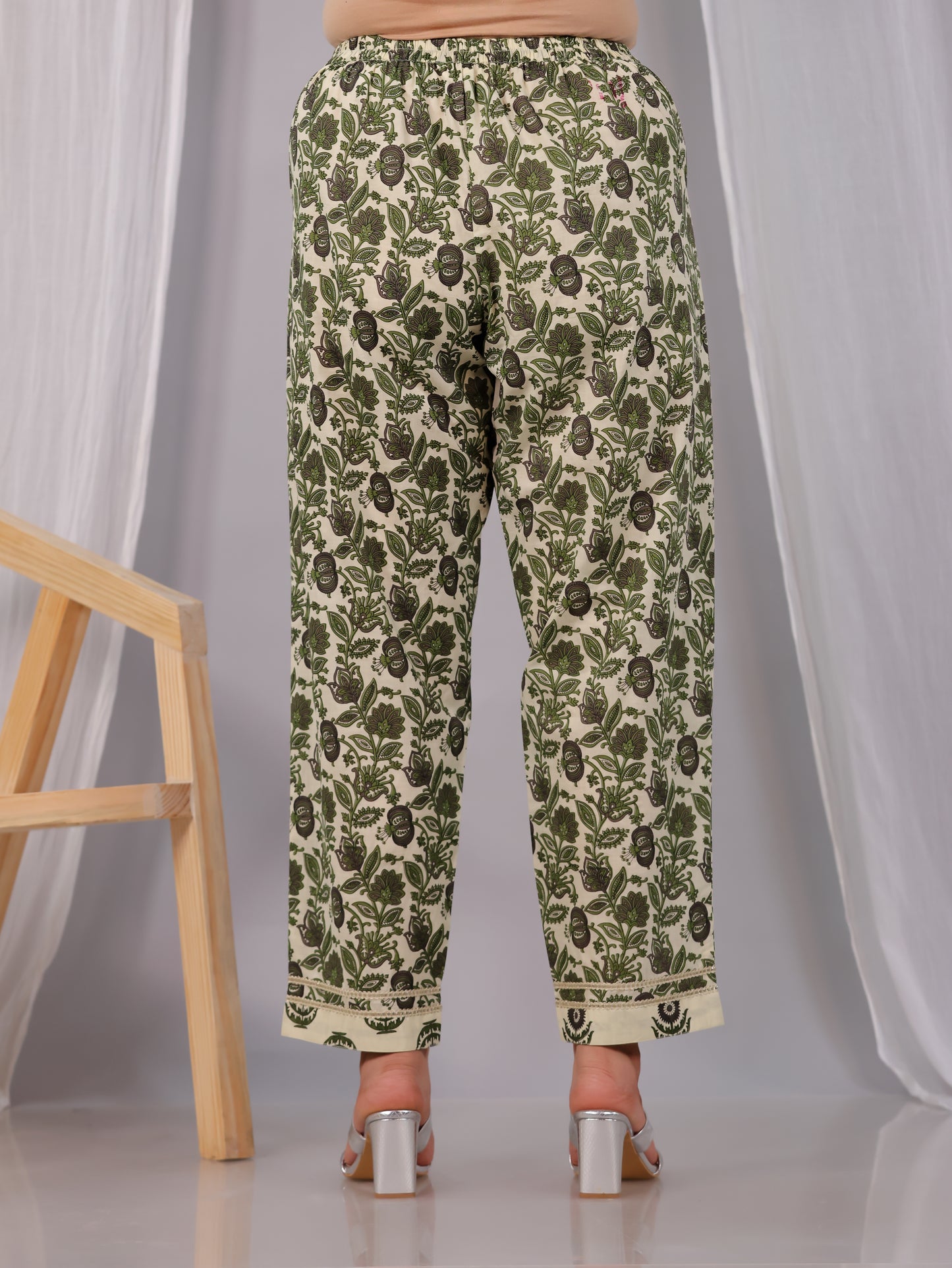 Embroidered Soft Cotton Floral Cream Tapered Trousers