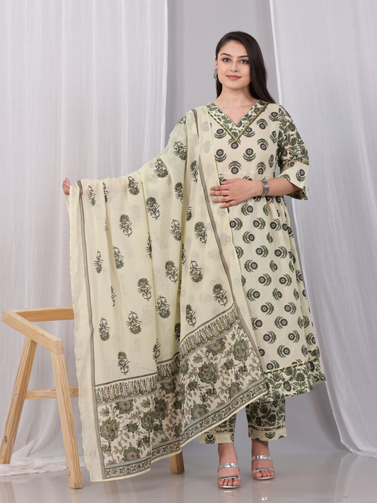 Cotton Voile Block Print Off White Dupatta