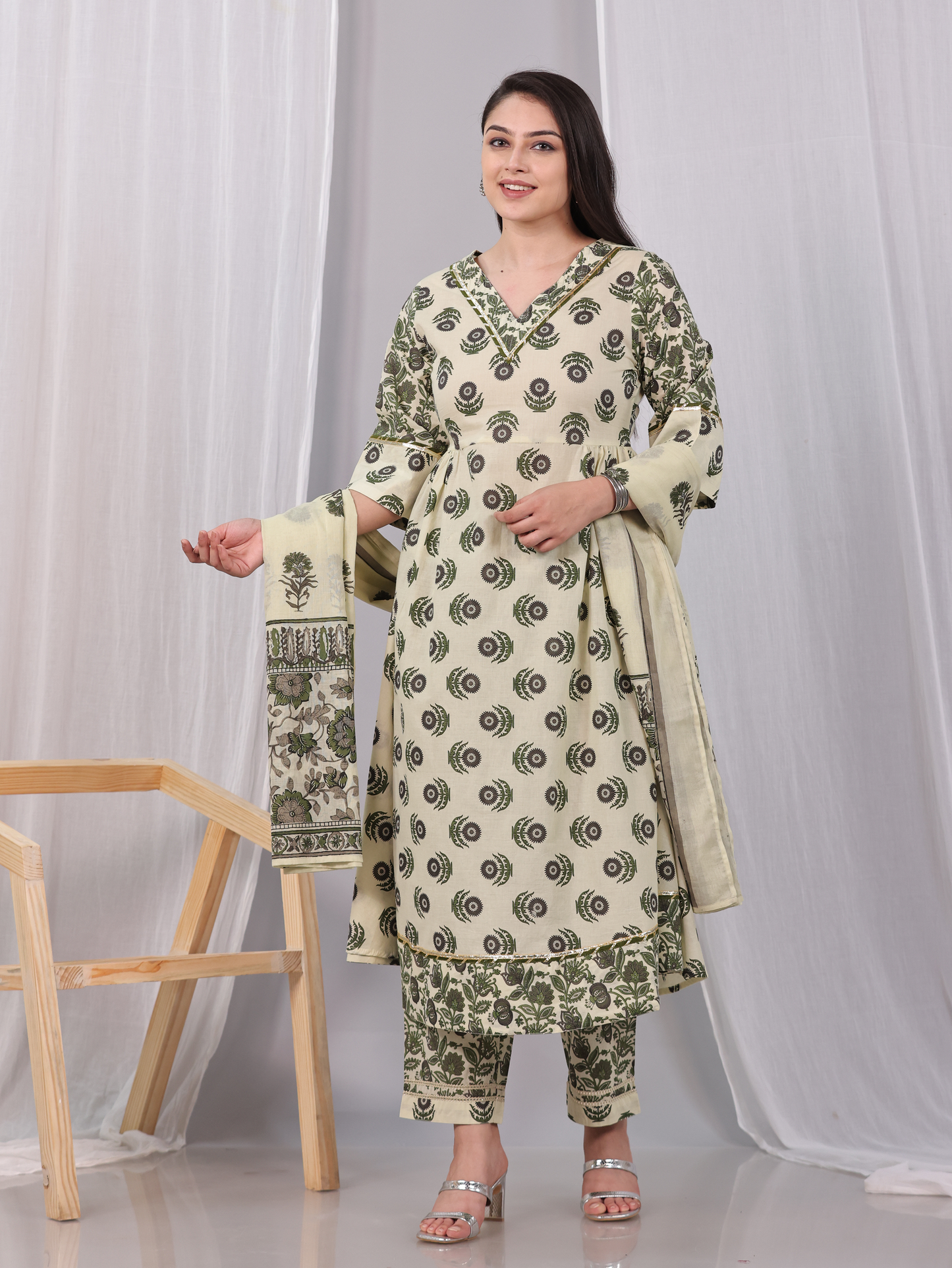 Cotton Voile Block Print Off White Dupatta