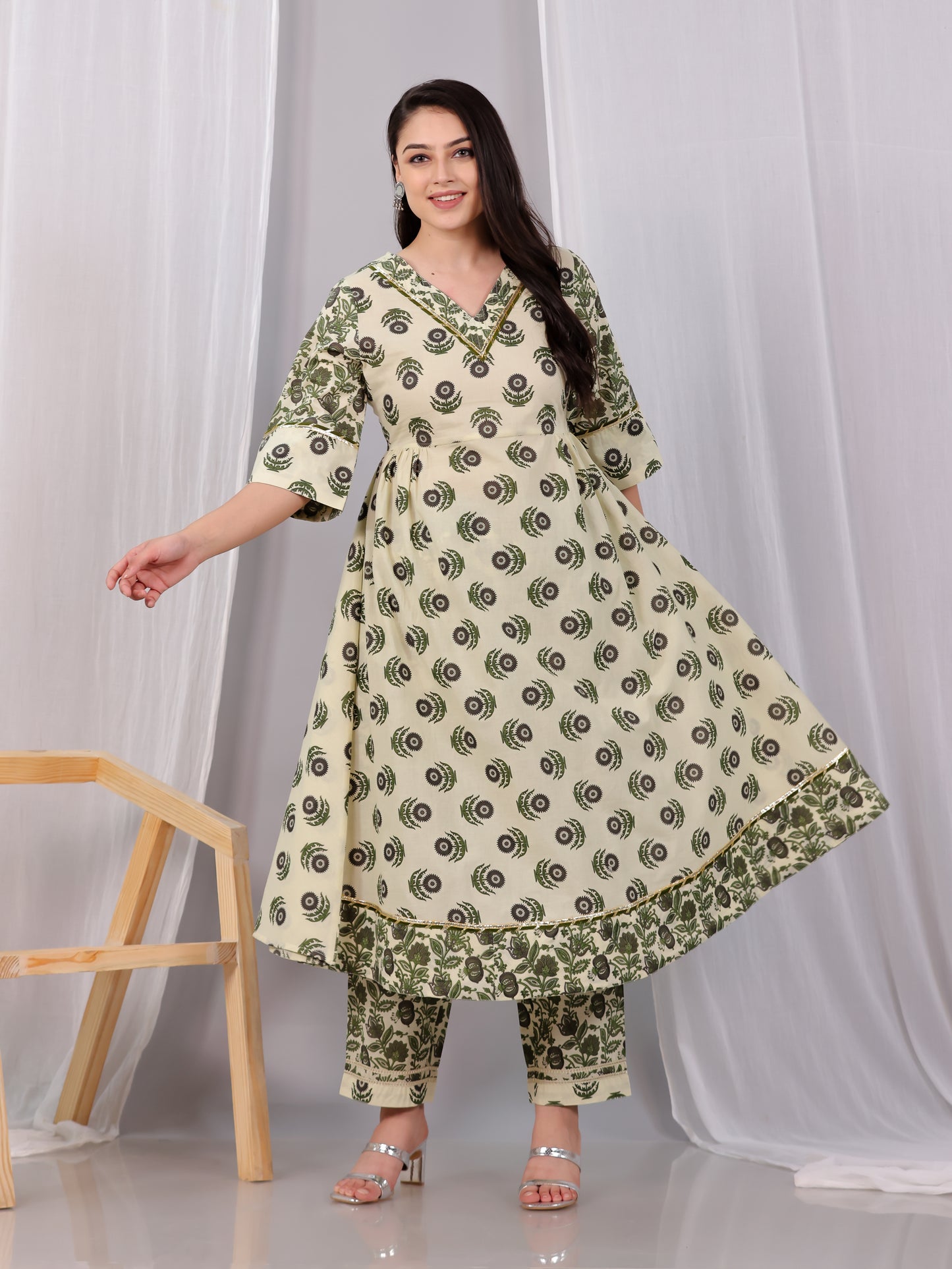 Embroidered Soft Cotton Block Anarkali Cream Kurta