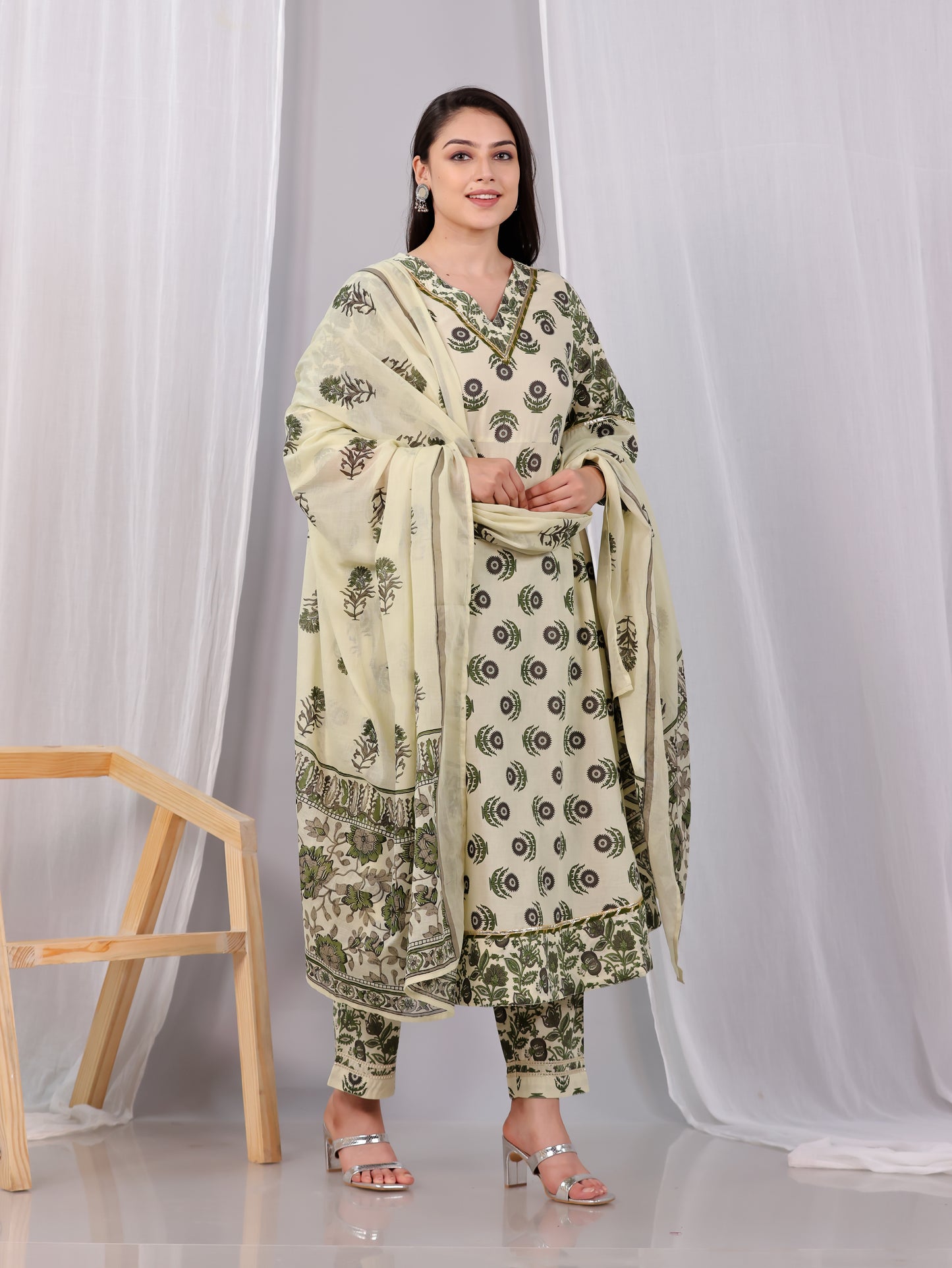 Embroidered Soft Cotton Block Anarkali Cream Kurta