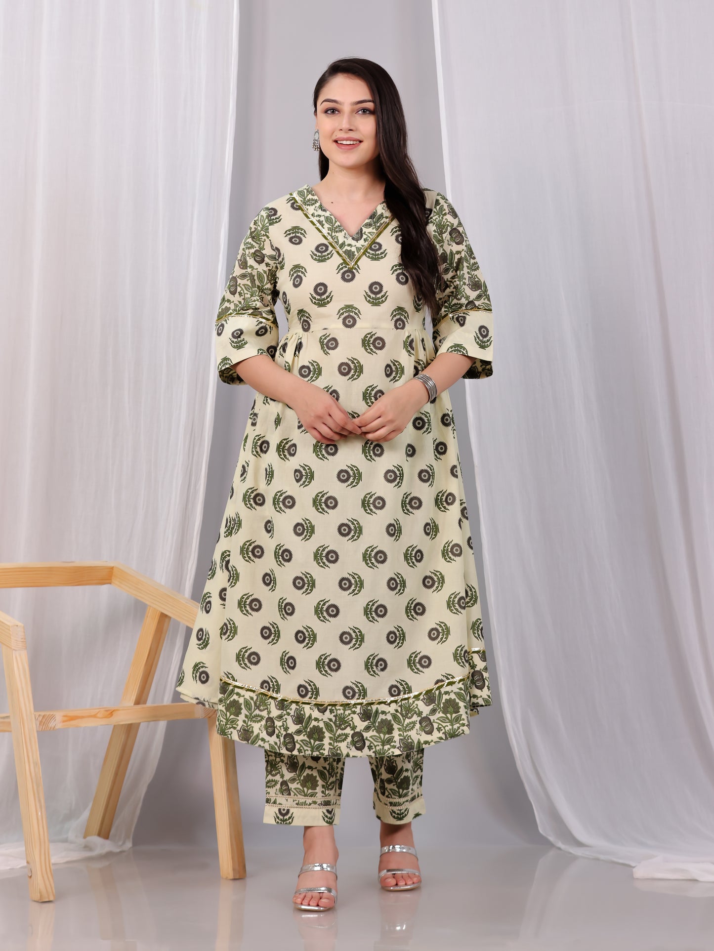 Embroidered Soft Cotton Block Anarkali Cream Kurta