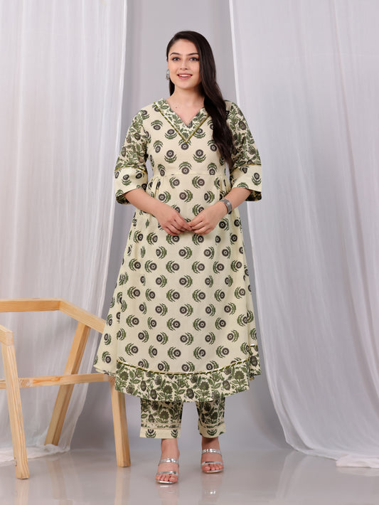 Soft Cotton Block Print Flared Cream Kurta