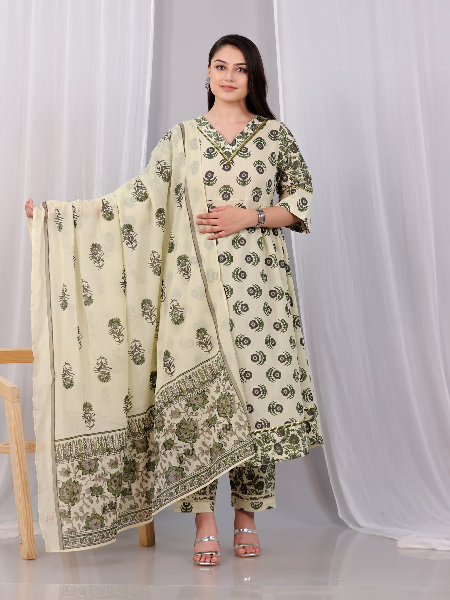 Embroidered Soft Cotton Block Anarkali Cream Kurta