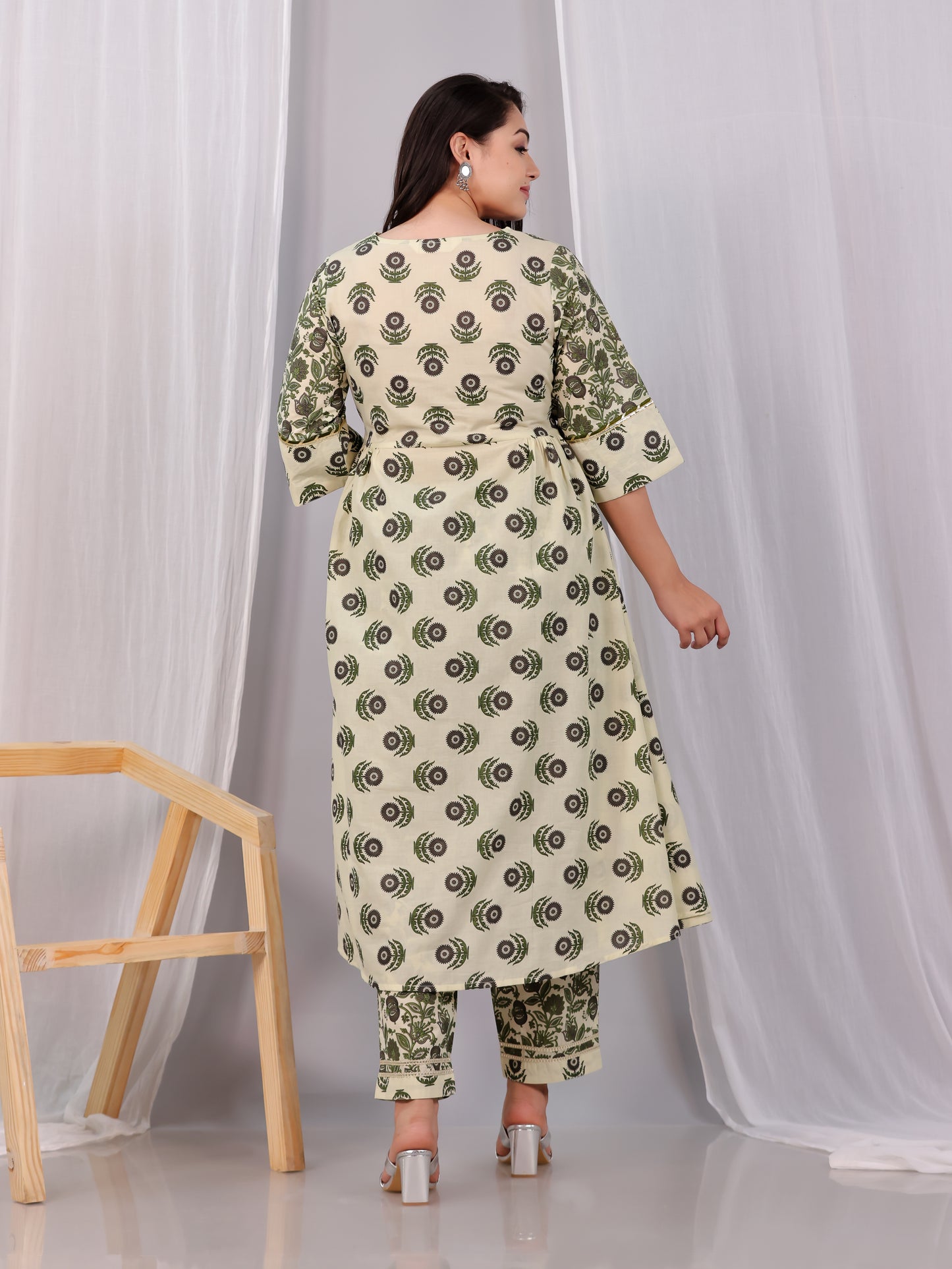 Embroidered Soft Cotton Block Anarkali Cream Kurta