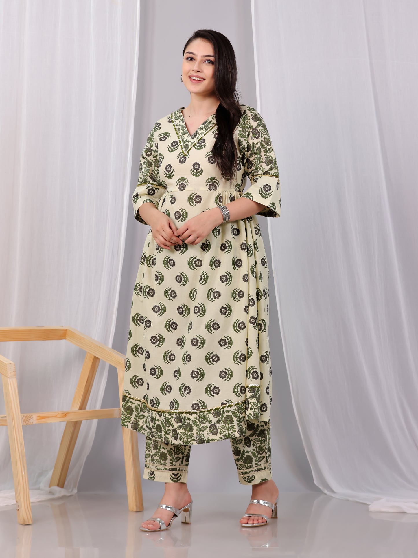 Embroidered Soft Cotton Block Anarkali Cream Kurta