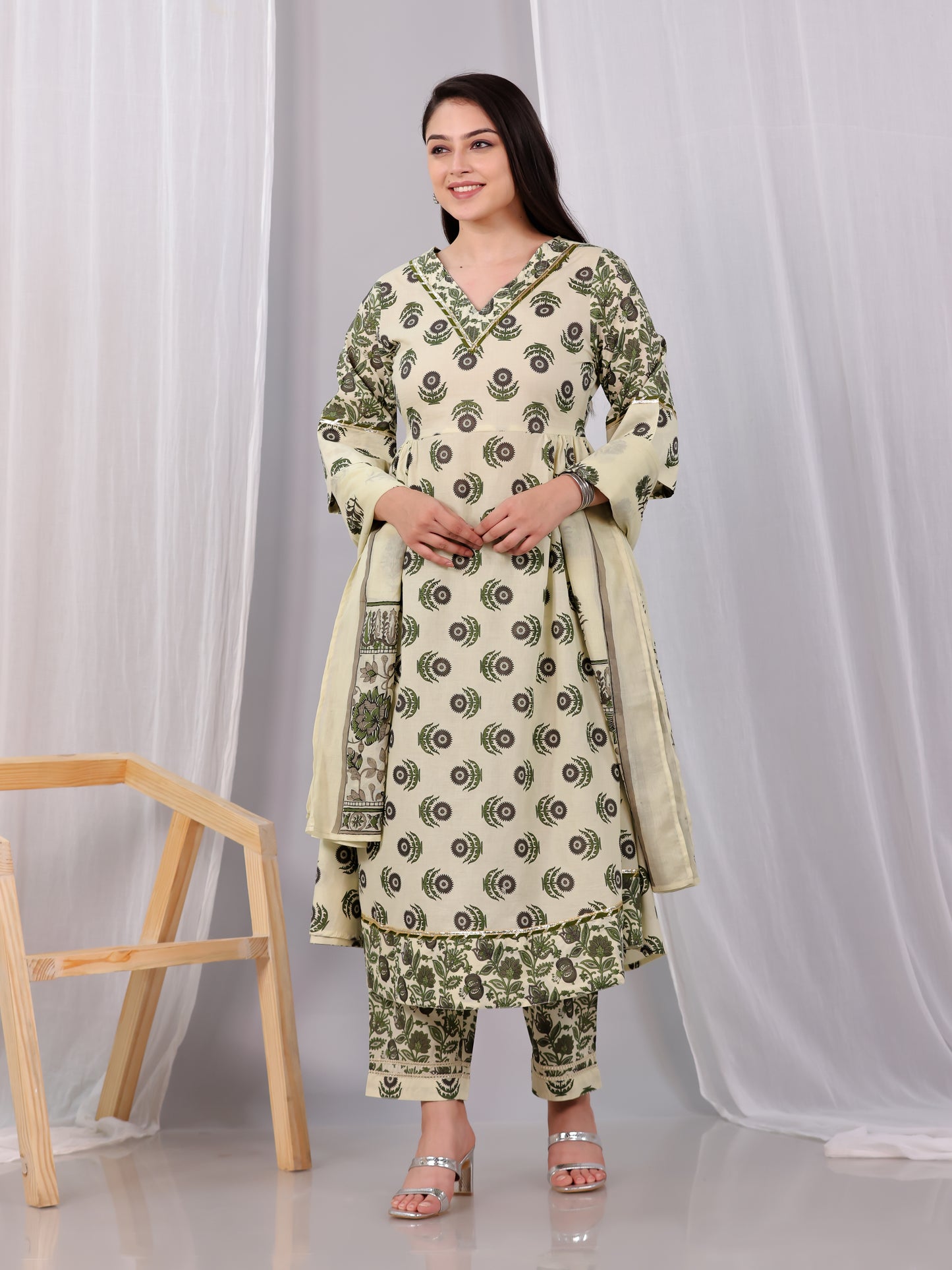 Embroidered Soft Cotton Block Anarkali Cream Kurta