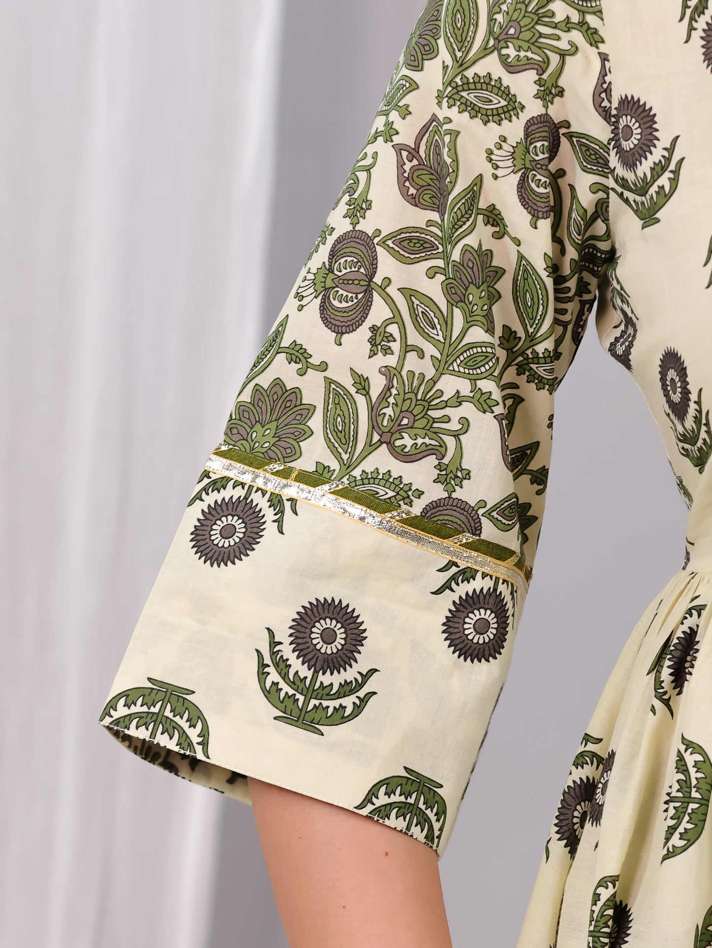 Embroidered Soft Cotton Block Anarkali Cream Kurta