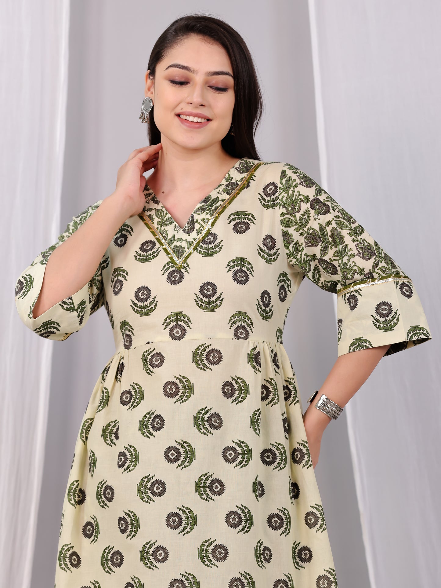 Embroidered Soft Cotton Block Anarkali Cream Kurta