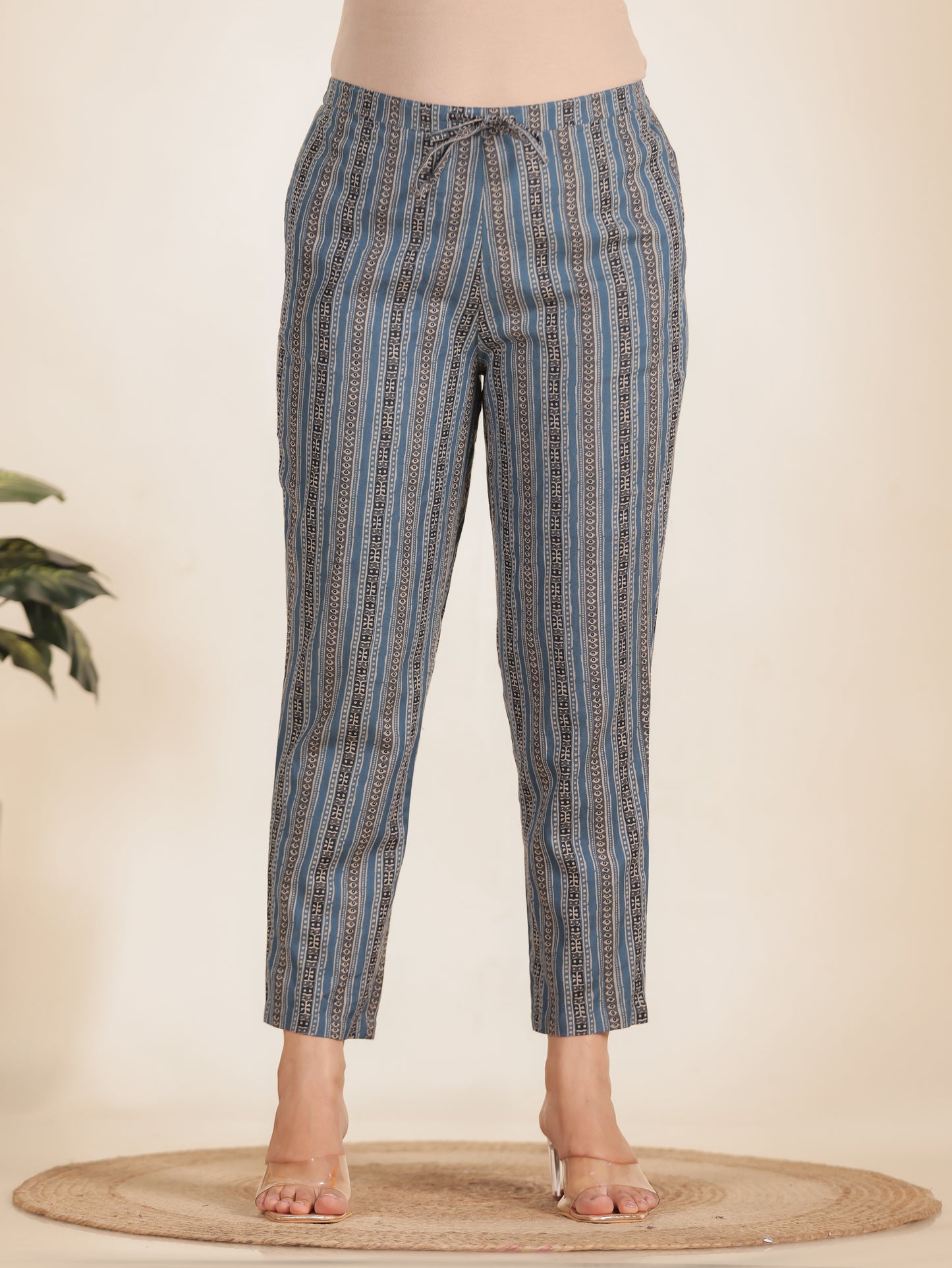 Linen Cotton Striped Blue Tapered Trousers