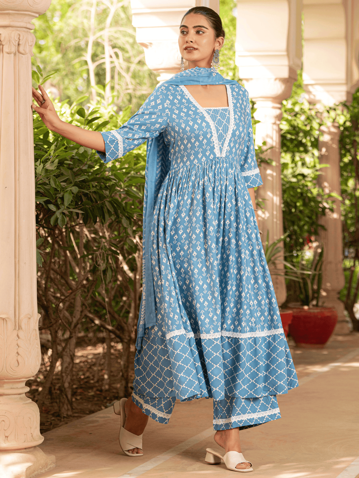 Rayon Ikat Flared Blue Kurta