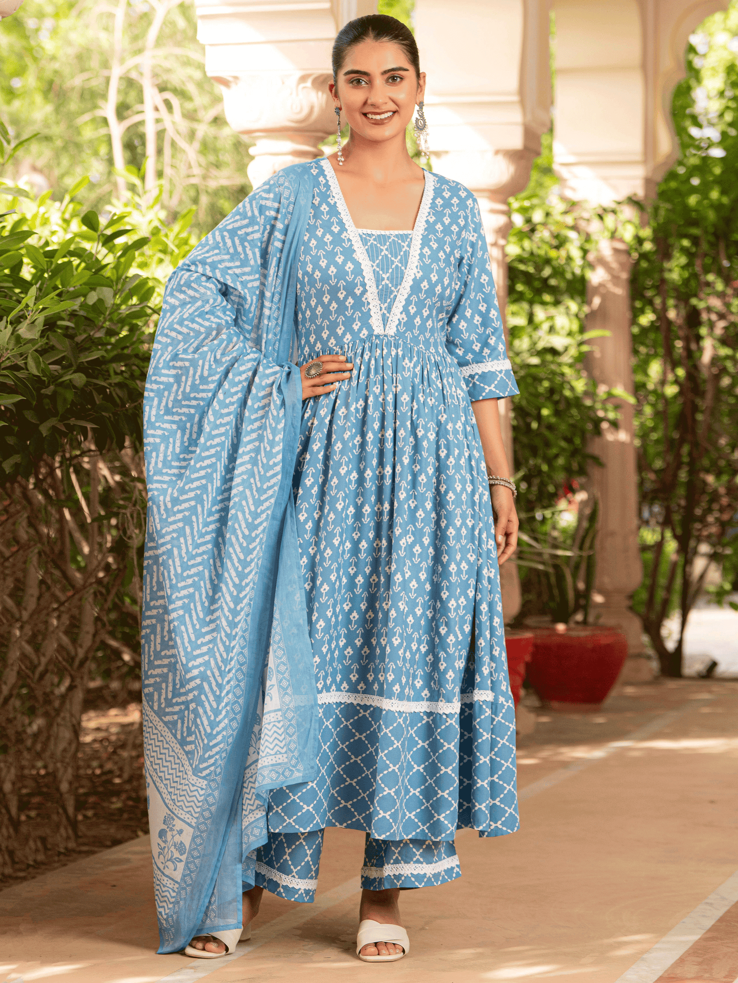 Rayon Ikat Flared Blue Kurta