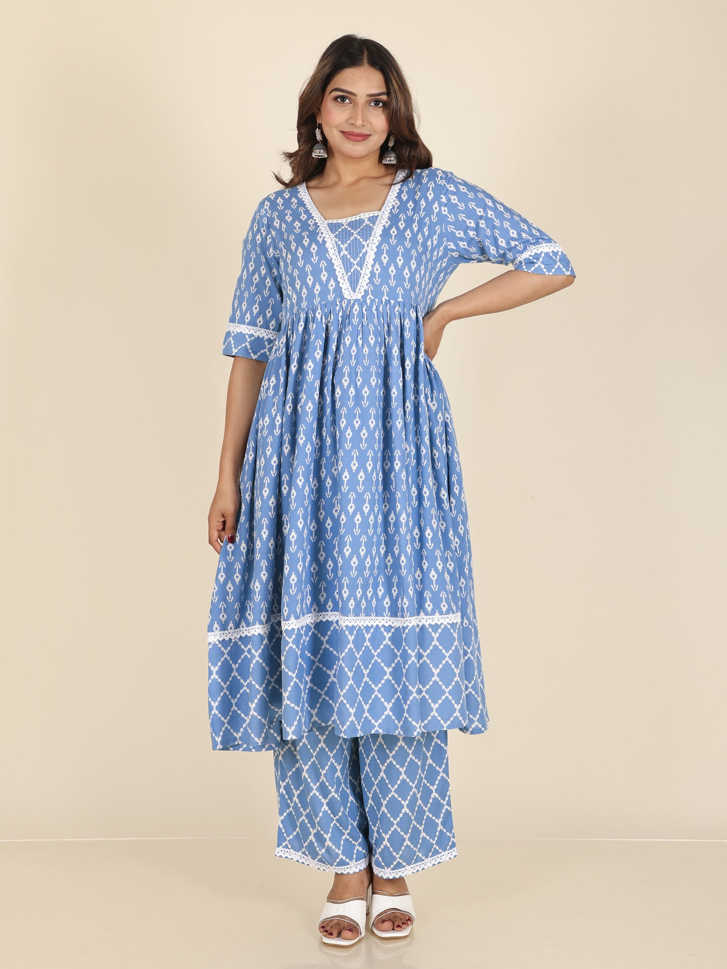 Viscose Ikat Anarkali Blue Kurta