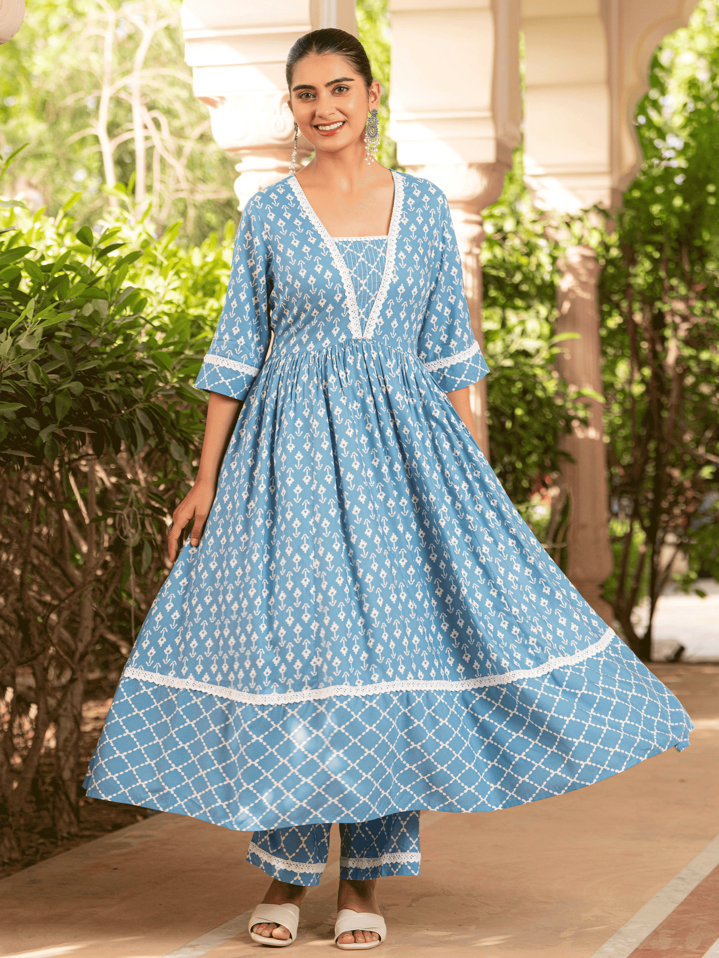 Rayon Ikat Flared Blue Kurta