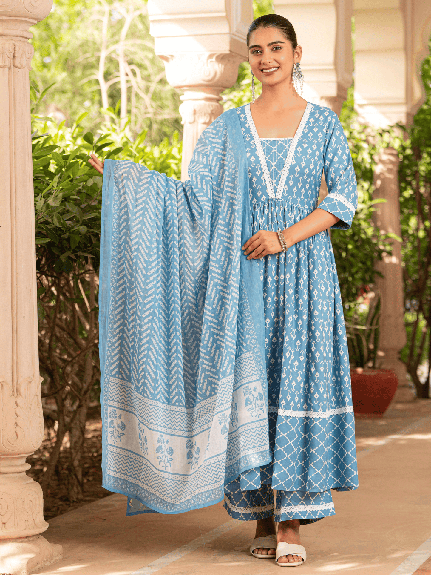 Rayon Ikat Flared Blue Kurta