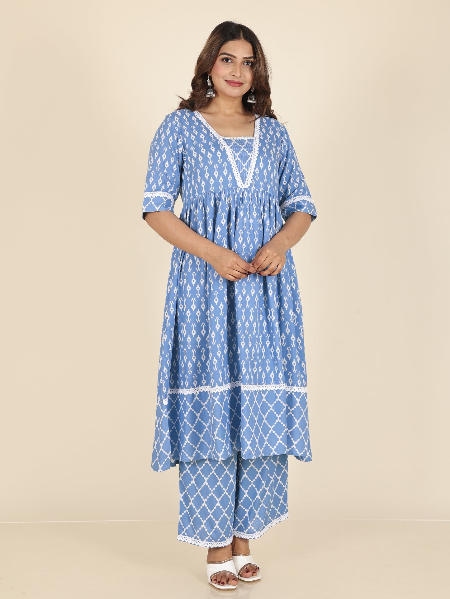 Viscose Ikat Anarkali Blue Kurta