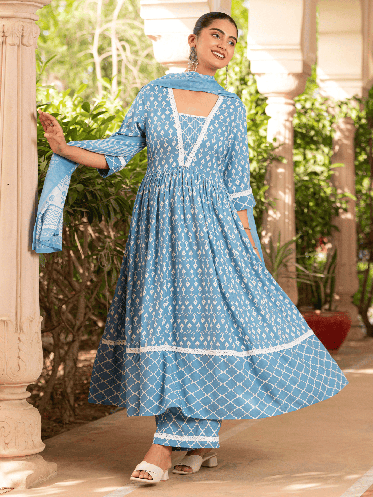 Rayon Ikat Flared Blue Kurta