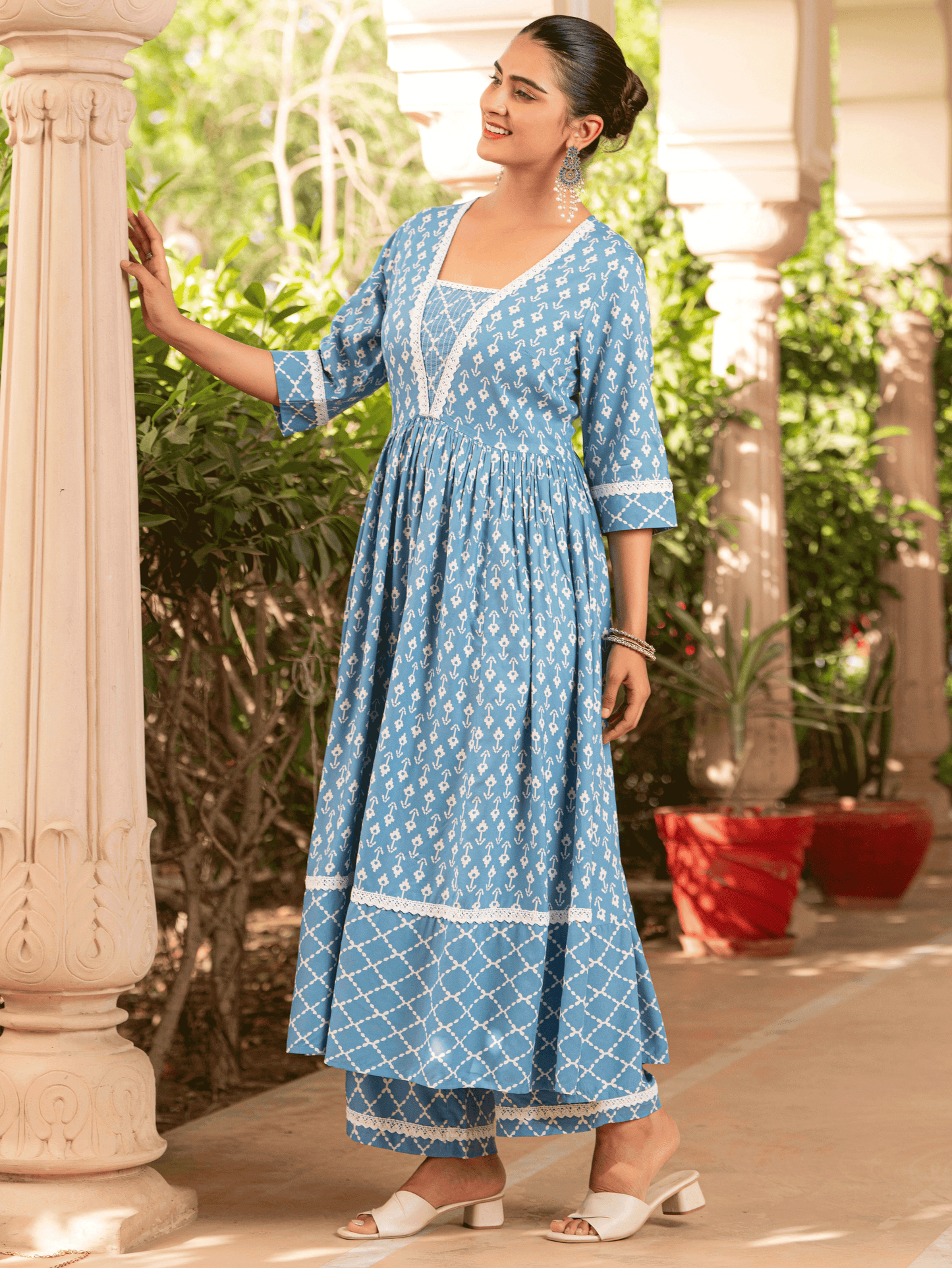 Viscose Ikat Anarkali Blue Kurta