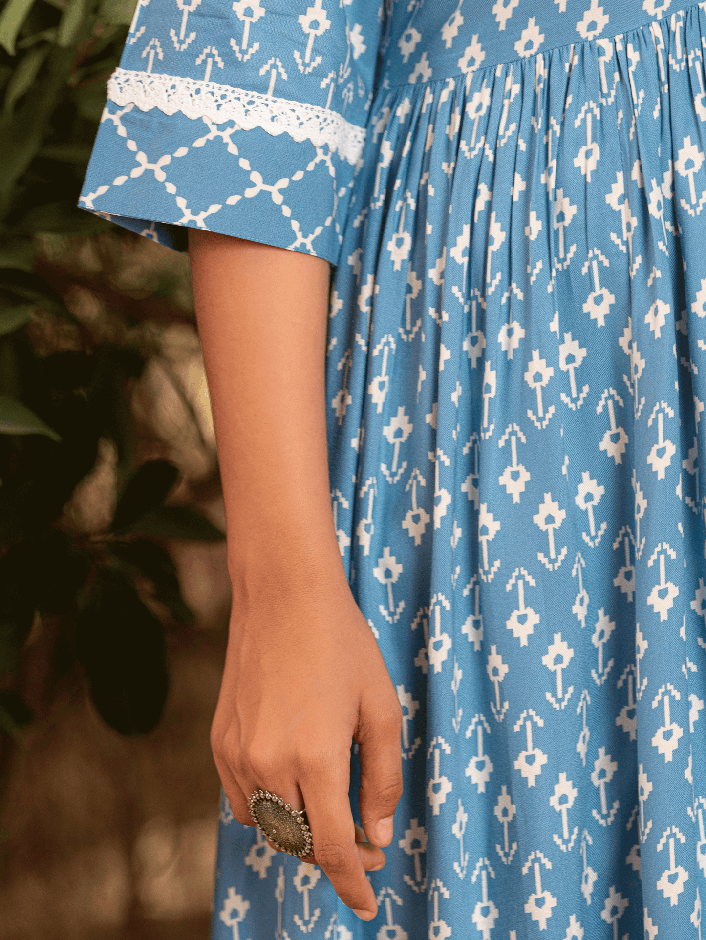 Rayon Ikat Flared Blue Kurta