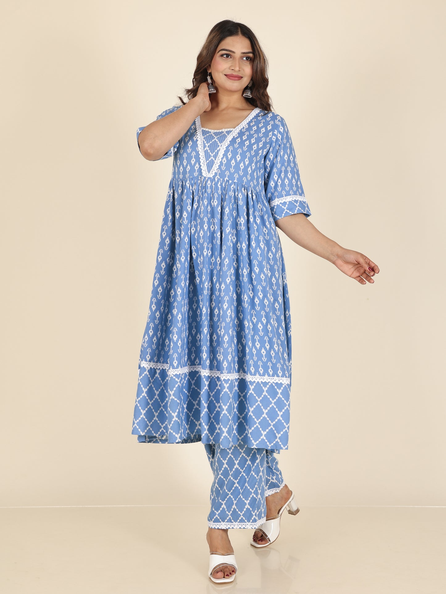 Viscose Ikat Anarkali Blue Kurta